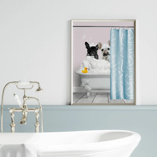 Crown and Paw - Canvas Bath Tub Pet Portrait (Two Pets) - Custom Pet Art Canvas 8" x 10" / Soft Pink / With Curtain