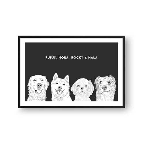 Crown and Paw - Framed Poster Illustrated Pet Portrait - Four Pets