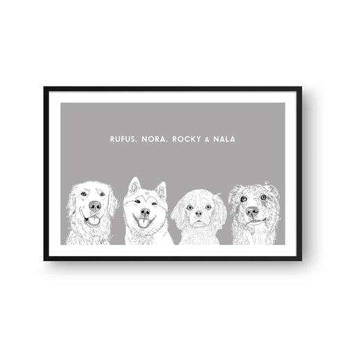 Crown and Paw - Framed Poster Illustrated Pet Portrait - Four Pets