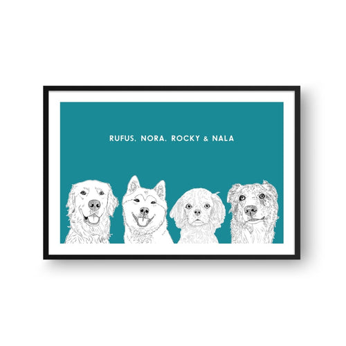 Crown and Paw - Framed Poster Illustrated Pet Portrait - Four Pets