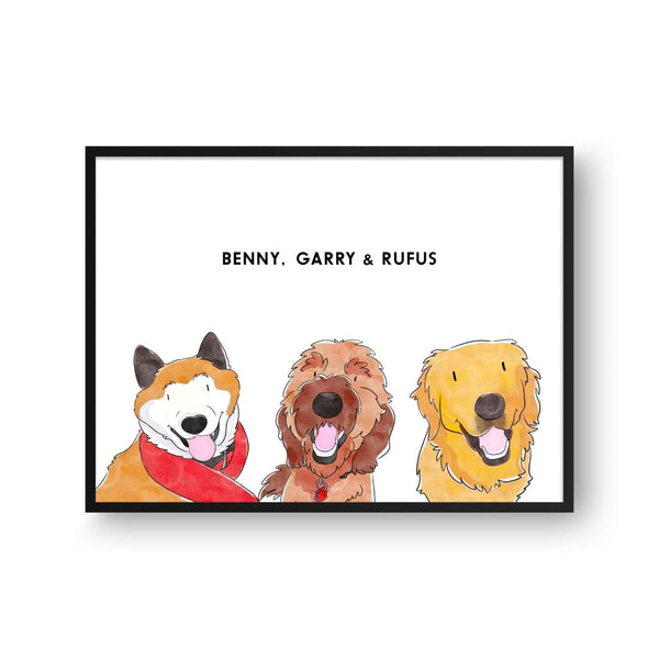 Watercolor Pet Portrait - Three Pets, Framed Poster