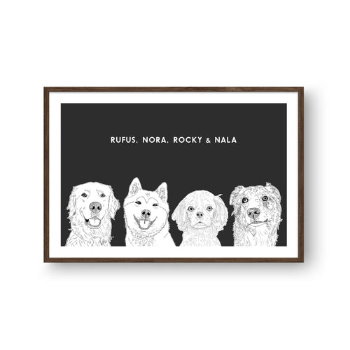 Crown and Paw - Framed Poster Illustrated Pet Portrait - Four Pets