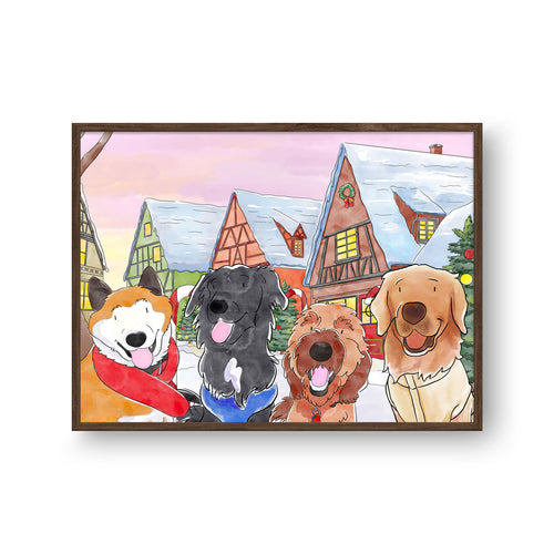 Christmas Watercolor Pet Portrait - Four Pets
