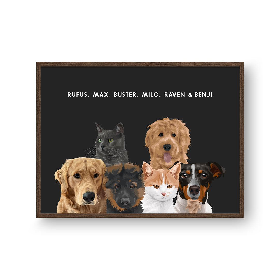 Modern Pet Portrait - Six Pets, Framed Poster