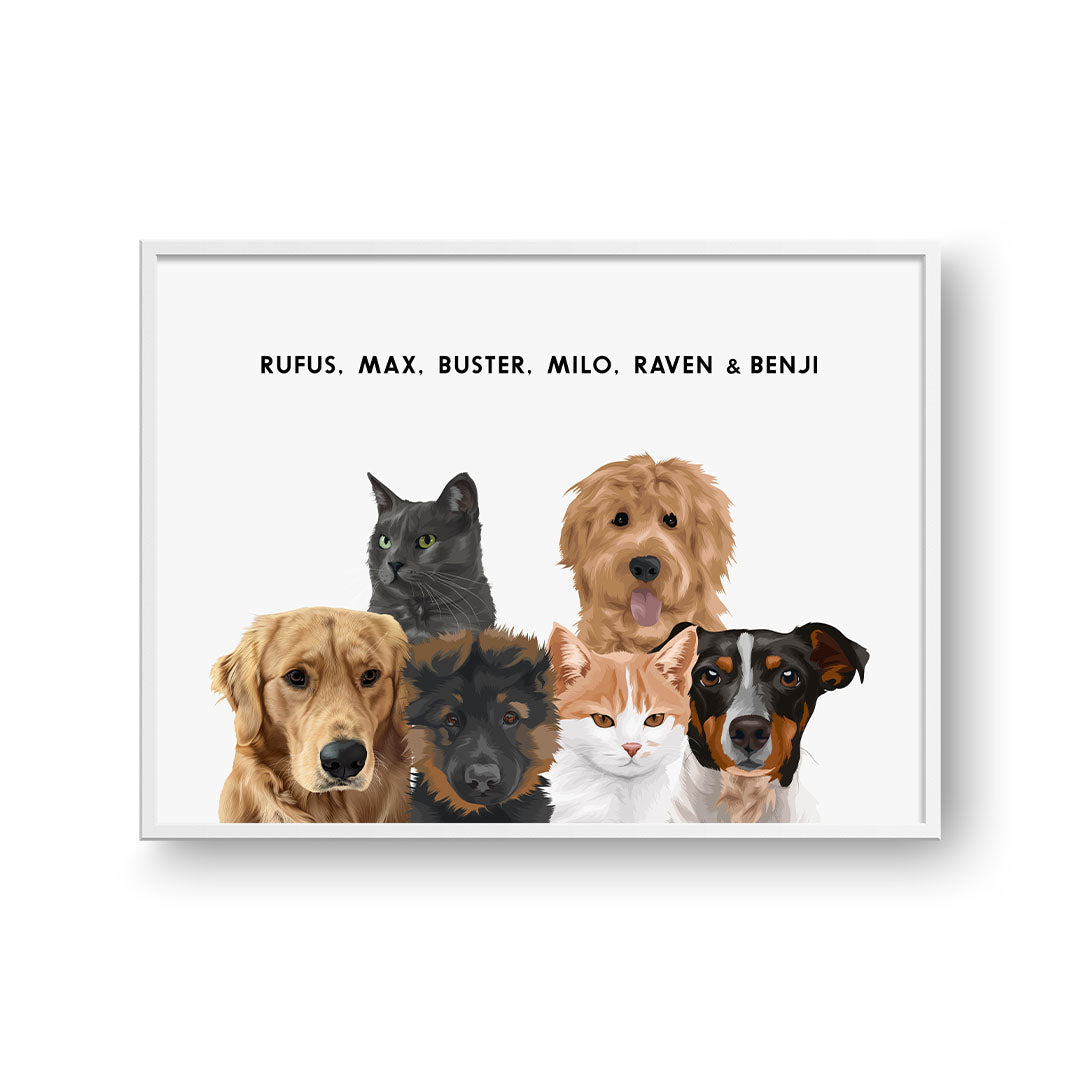 Modern Pet Portrait - Six Pets, Framed Poster