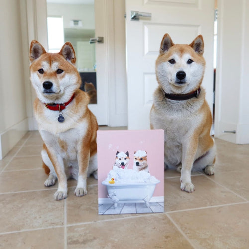 Crown and Paw - Canvas Bath Tub Pet Portrait (Two Pets) - Custom Pet Art