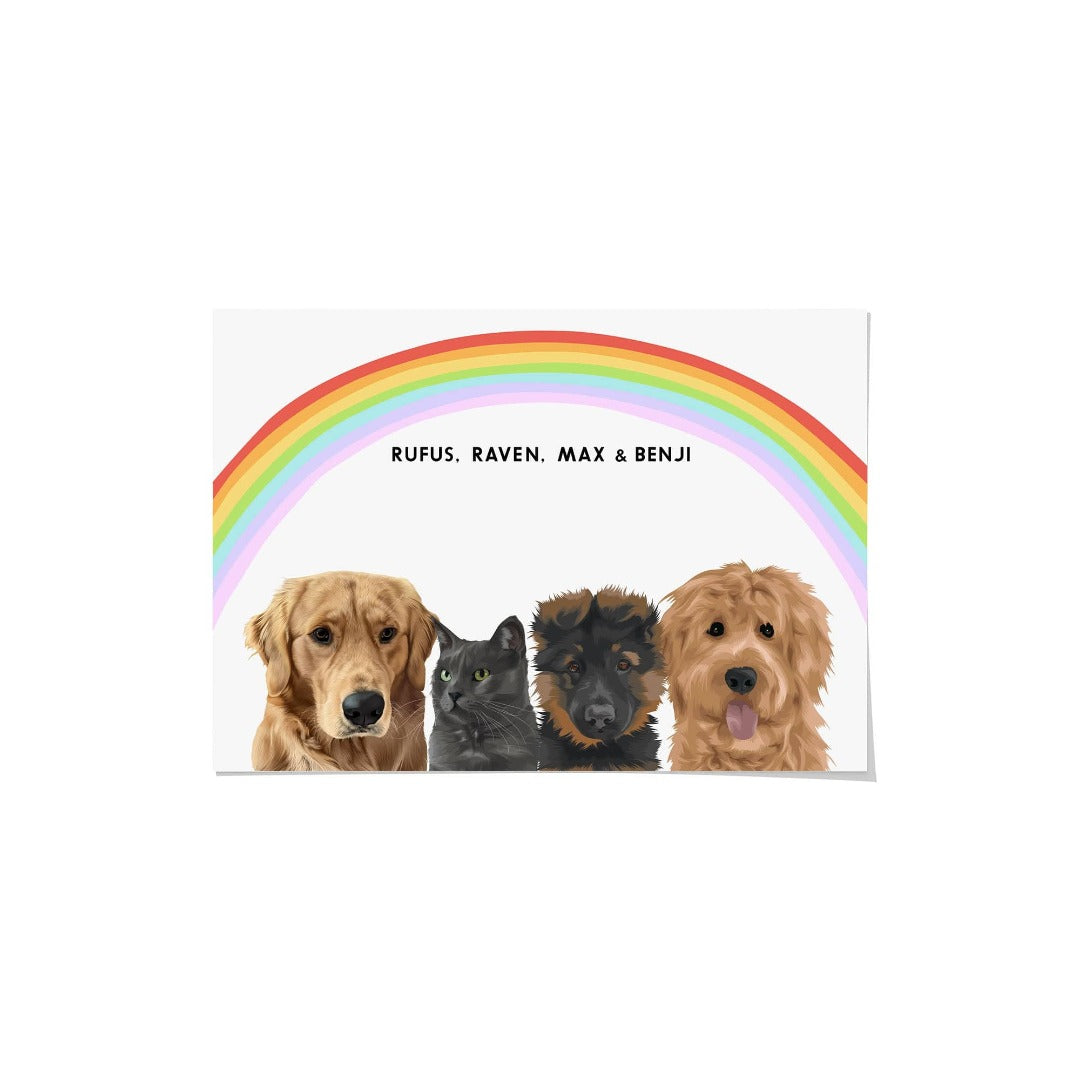 Crown and Paw - Framed Poster Modern Pet Portrait - Four Pets 10" x 8" / Unframed / Rainbow