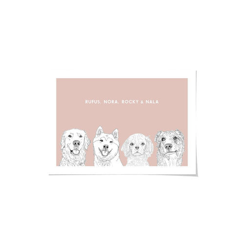 Crown and Paw - Framed Poster Illustrated Pet Portrait - Four Pets 8" x 10" / Unframed / Blush