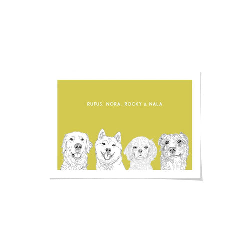 Crown and Paw - Framed Poster Illustrated Pet Portrait - Four Pets 8" x 10" / Unframed / Mustard