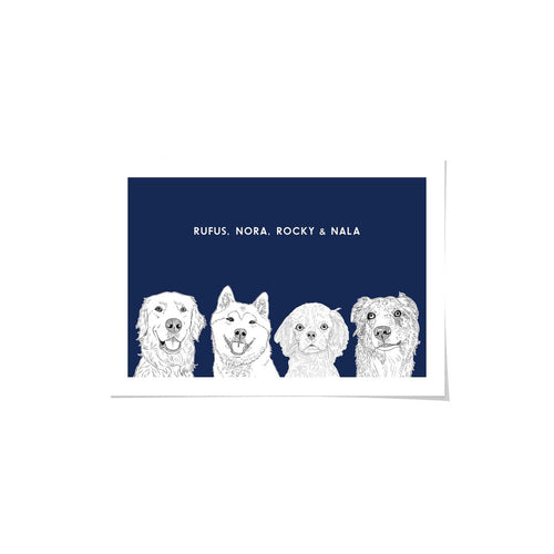 Crown and Paw - Framed Poster Illustrated Pet Portrait - Four Pets 8" x 10" / Unframed / Navy