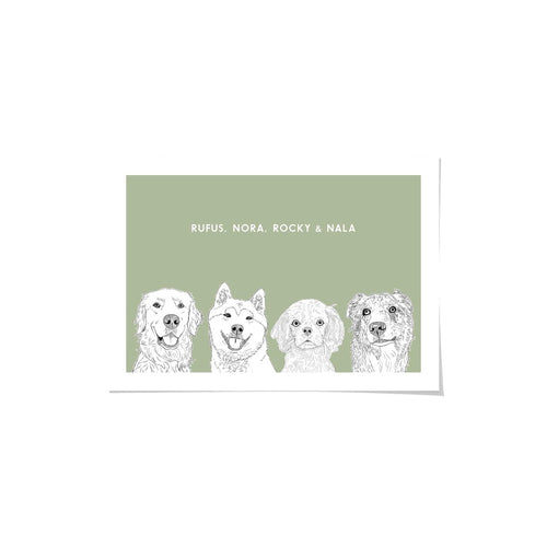 Crown and Paw - Framed Poster Illustrated Pet Portrait - Four Pets 8" x 10" / Unframed / Sage