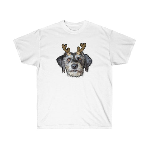 Crown and Paw - Custom Clothing Novelty Pet Face Christmas T-Shirt Snow White / Reindeer Antlers / S