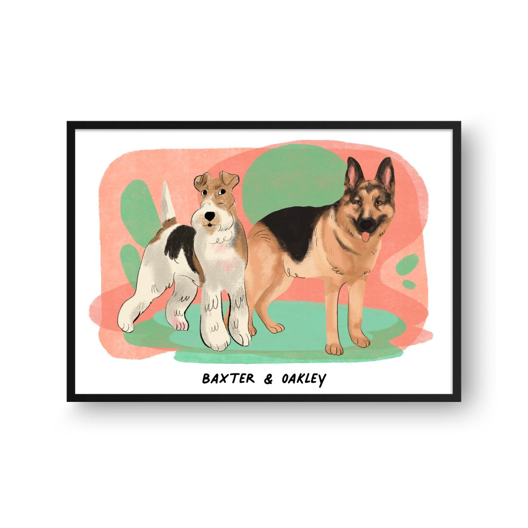 Premium Watercolor Pet Portrait - Two Pets, Framed Poster