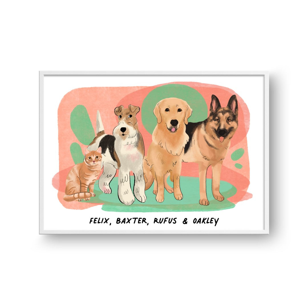 Premium Watercolor Pet Portrait - Four Pets, Framed Poster