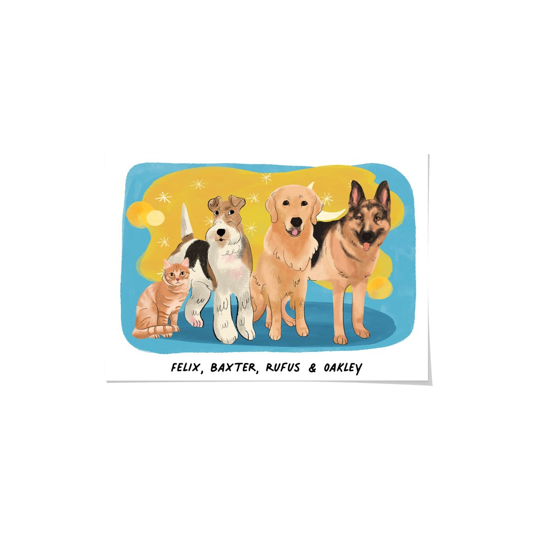 Premium Watercolor Pet Portrait - Four Pets, Framed Poster