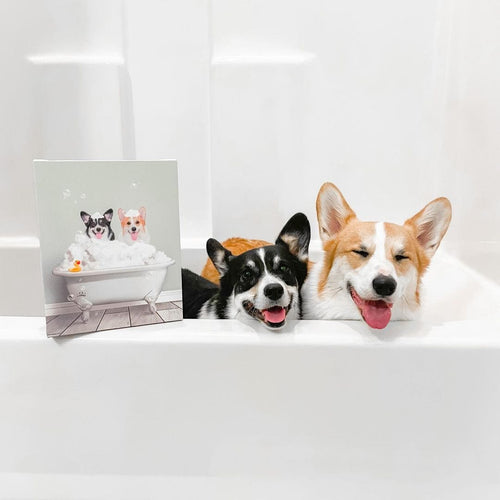 Crown and Paw - Canvas Bath Tub Pet Portrait (Two Pets) - Custom Pet Art